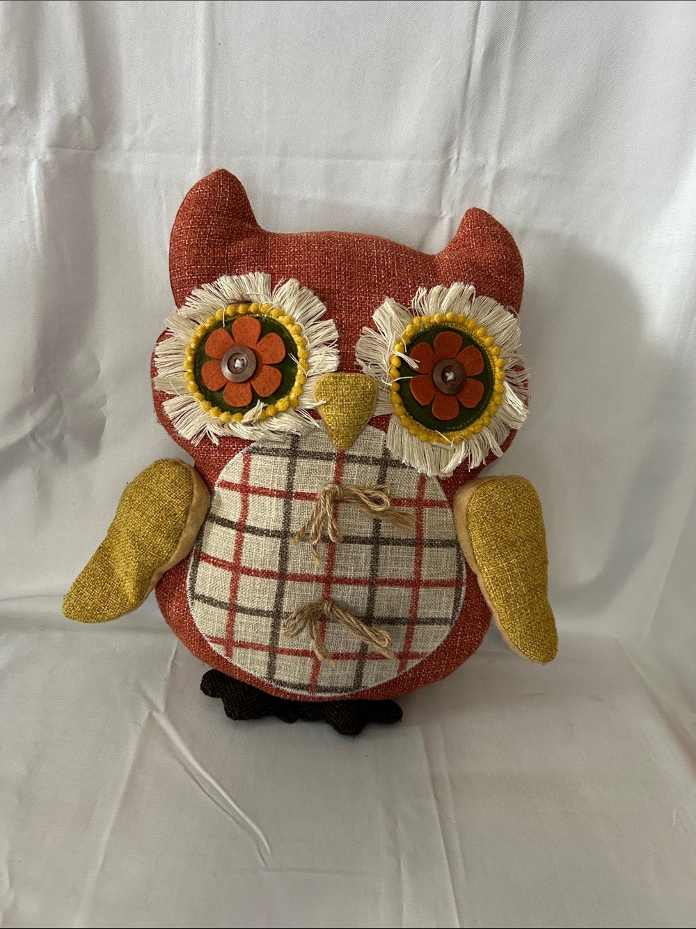 VTG Inspired Owl Stuffed Flower Button Eyes Orange Gold Boho Granny Core 14”